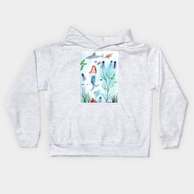 Cute Mermaid Watercolor Illustration Kids Hoodie by Sandraartist